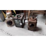 Two railway line lamps and one signal lamp from Tubbercurry railway {24 cm H x 16 cm W to 32 cm H