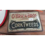 O'Briens Brothers Cork Tweeds tin plate advertising sign. {20 cm H x 30 cm W}.