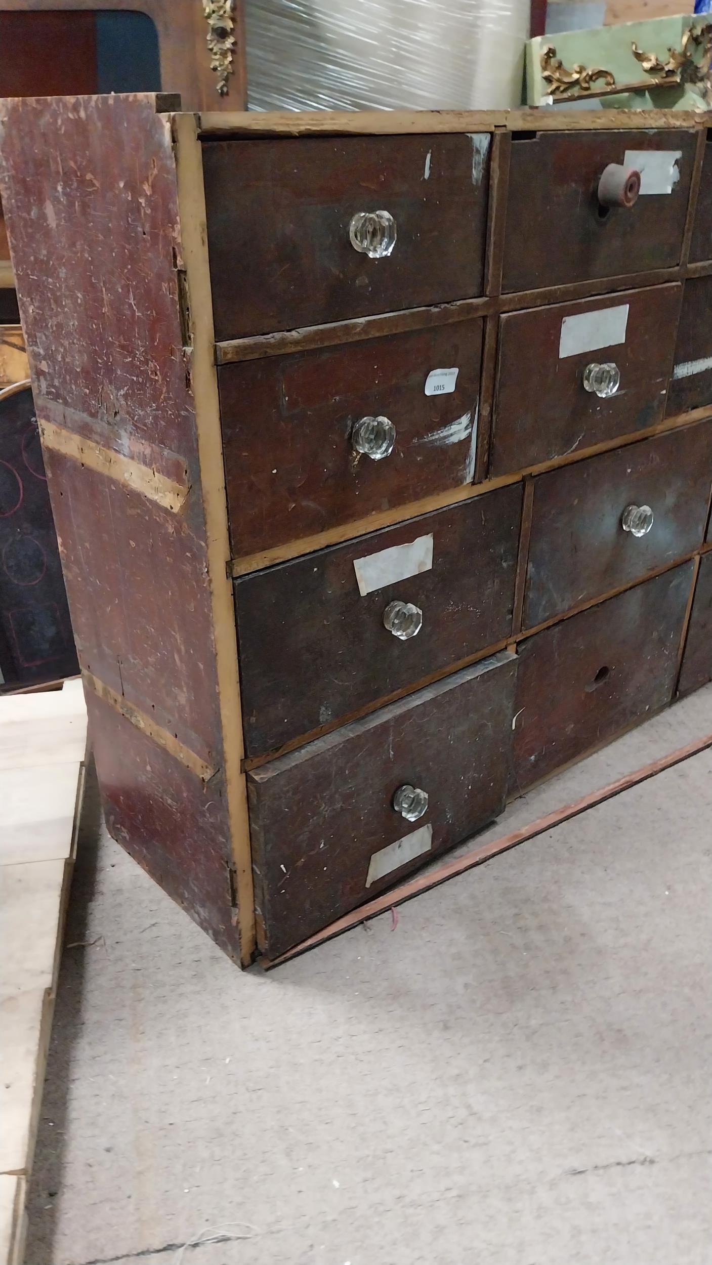 Early 20th C mahogany bank of eighteen drawers. (missing one drawer). {76 cm H x 152 cm W x 29 cm - Image 3 of 3