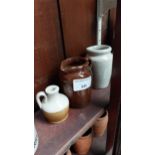 Two cream jugs with handles and miniature flagon. Largest {10 cm H x 9 cm W x 6 cm D}.