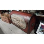 Painted pine dome top trunk with maritime scenes {56 cm H x 90 cm W x 38 cm D}.