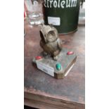 19th C. Gilded Brass desk inkwell and match strike in the form of Owl. {9 cm H x 7 cm W x 7 cm D}.