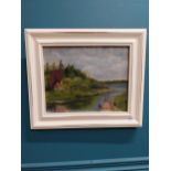 Framed oil on board - Cottage by the River - {39 cm W x 24 cm W}