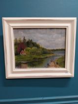 Framed oil on board - Cottage by the River - {39 cm W x 24 cm W}