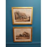 Pair of 19th C. coloured prints THE FIRST STAGE OUT and THE LAST STAGE IN mounted in gilt frames {44