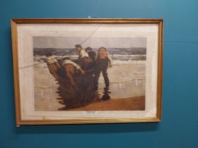 Framed Paul Henry Launching the Currach print mounted in gilt frame. {56 cm H x 80 cm W}.