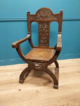 19th C. Gothic-Revival carved oak x-frame throne chair inscribed MCC (Roman numerals 1200) {120 cm H