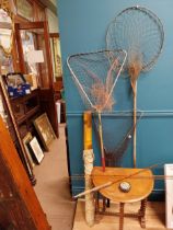 Collection of fishing gear including nets, four piece split cane fishing rod Doherty's Donegal and