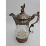 Large 19th. C. silver plated and cut glass claret jug, the glass body decorated with floral motif