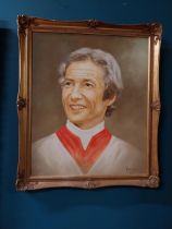 Oil on canvas of Lester Piggott mounted in gilt frame. {72 cm H x 61 cm W}.