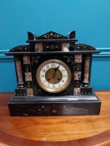 Victorian marbleised slate mantle clock with brass and enamel dial. {33 cm H x 37 cm W x 14 cm D}