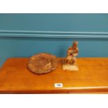 Decorative wooden plaque depicting fishing scene and wooden model of Moses. {23 cm Dia.} and {23