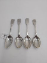 Two Irish Georgian silver dessert spoons and two English silver dessert spoons. 1- Irish silver