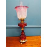 Victorian brass and glass table lamp with etched glass shade. {66 cm H x 22 cm Dia.}.