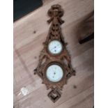19th C. carved oak barometer and clock with leaf decoration. {80 cm H x 30 cm W}.