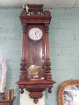 Good quality 19th C. walnut Vienna wall clock with brass and enamel dial {134 cm H x 45 cm W x 20 cm