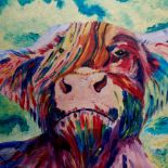 Acrylic on canvas Highland Cow, signed by Moira Leddy {51cm H x 40cm W}