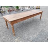 19th C. elm Kitchen table raised on turned legs {78 cm H x 280 cm L x 95 cm W}.