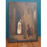 19th C. painting on board of Religious scene. {35 cm H x 25 cm W}