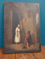 19th C. painting on board of Religious scene. {35 cm H x 25 cm W}