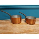 Two early 20th C. hand beaten copper saucepans with wrought iron handles {16 cm H x 28 cm W x 14
