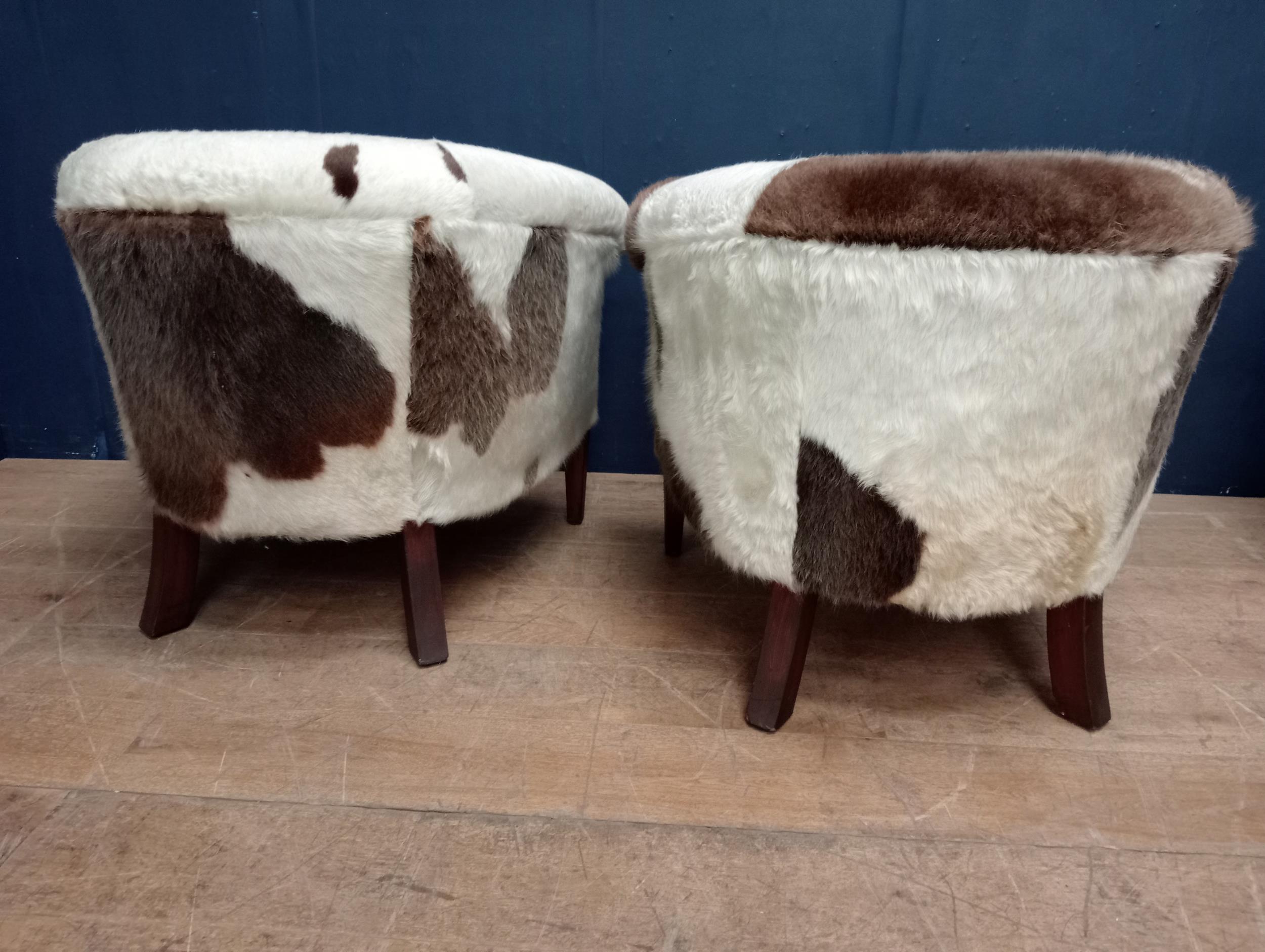 Pair of cow hide tub chairs raised on square tapered legs {H 70cm x W 80cm x D 70cm }. - Image 4 of 4