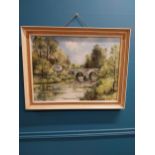Framed oil on canvas Annalore Bridge and Cottage scene - Leo Toye 1974 {54 cm H x 70 cm W].