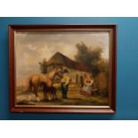 19th C. Farm yard scene oil on board mounted in later mahogany frame {58 cm H x 70 cm W}.