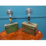 Two early 20th C. painted ammunition boxes converted to table lamps {50 cm H x 32 cm W x 16 cm D and