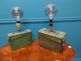 Two early 20th C. painted ammunition boxes converted to table lamps {50 cm H x 32 cm W x 16 cm D and