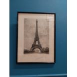 Framed etching of Eiffel Tower by Luc Luquey {26 cm H x 13 cm W}.
