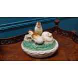 Early 20th C. hand painted ceramic egg basket decorated with hatching chicks {17 cm H x 20 cm W x 15