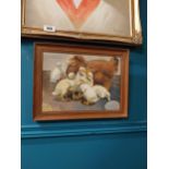 Oil on board - Hen and Ducklings - RRGB 1959 mounted in wooden frame. {32 cm H x 42 cm W}.