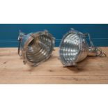 Pair of good quality Industrial chrome hanging light shades by Wiska {60 cm H x 47 cm Dia.}.