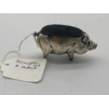 English silver pin cushion in the form of a pig. Hallmarked in Birmingham 1913. Maker H Matthews {
