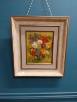 Framed oil on board - Still Life with Flowers - E Brophy {43 cm H x 39 cm W}