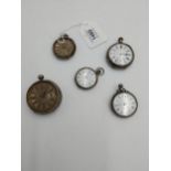 Collection of five silver fob watches, two hallmarked in Birmingham.