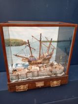 Model tall ship - La Bona Esperenza - in glazed showcase with single drawer {H 61cm x W 56cm x D