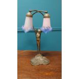 Bronzed spelter table lamp with end of day glass shades in the Art Nouveau style {55 cm H x 32 cm