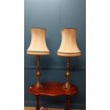 Pair of good quality brass table lamps with cloth shades {104 cm H x 36 cm Dia.}.