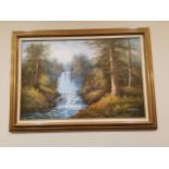 Dansdord Waterfall scene oil on canvas mounted in gilt frame {79 cm H x 106 cm W}