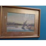 Gilt framed watercolour - Boating on the Lake - {49 cm H x 65 cm W}
