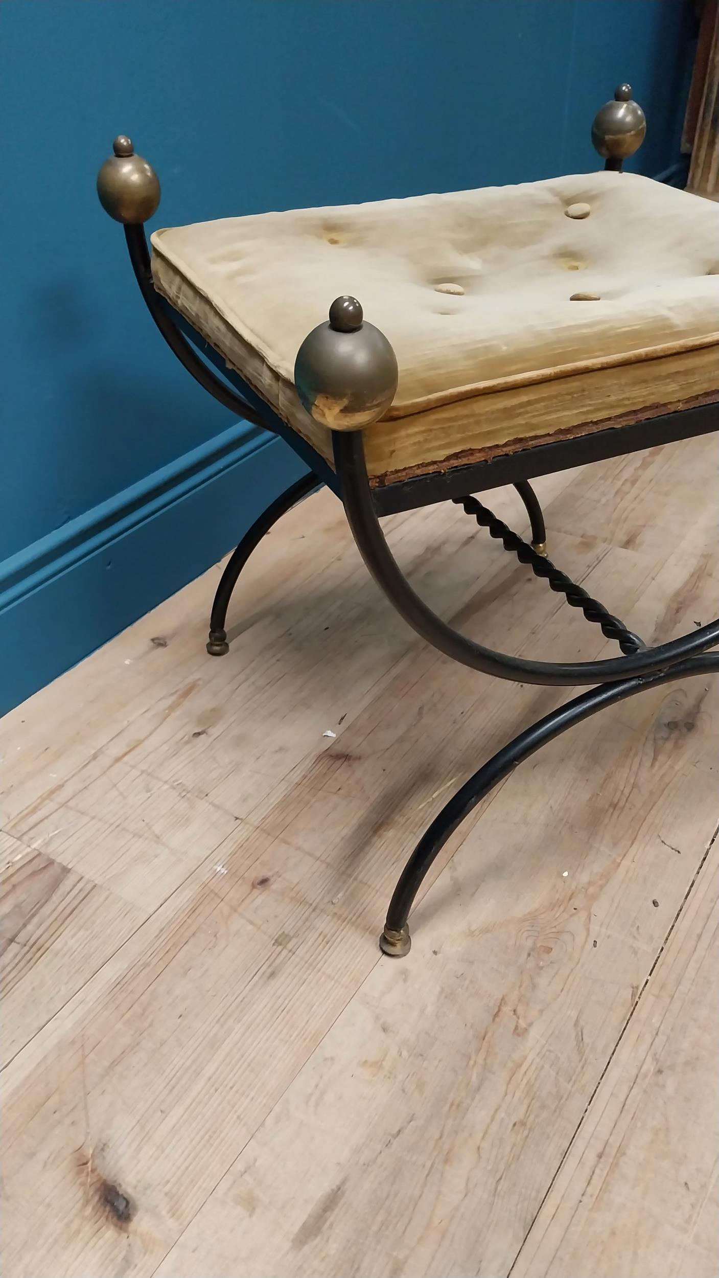 Good quality early 20th C. metal and brass footstool with upholstered seat in the lyre form {51 cm H - Image 4 of 4