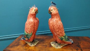 Pair of early 20th C. Italian hand painted ceramic Parrots by R. Passari with damage {38 cm H x 13