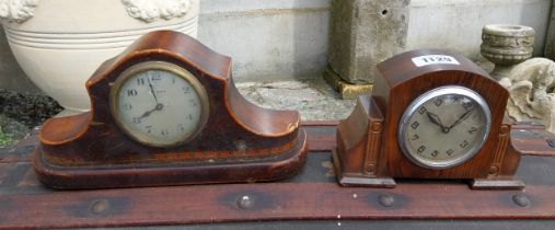 Art Deco oak mantle clock {15 cm H x 21 cm W x 7 cm D} and Edwardian mahogany inlaid mantle clock {