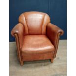 English tan leather tub chair with brass studded arms raised on bracket feet {H 84cm x W 75cm x D