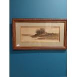 19th C. drawing of Thatched Cottage by River in wooden frame. {45 cm H x 80 cm W}.