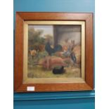 19th C. watercolour Farmyard Scene in wooden frame. {33 cm H x 43 cm W}.