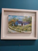 Framed oil on board - Old Sheds Spring - O M Murphy. {45 cm H x 54 cm W}