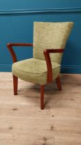 1950s mahogany and upholstered armchair raised on square tapered legs {84 cm H x 56 cm W x 50 cm